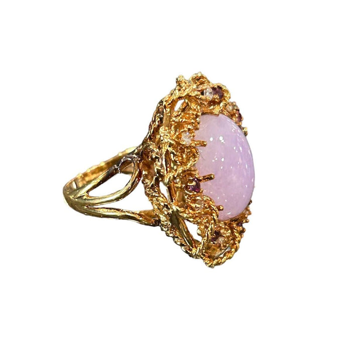 18kg Gold Lavender Jade  Ring with Pink Sapphires and Diamonds Size 7.25 No. 16 - Bratton House Antiques
