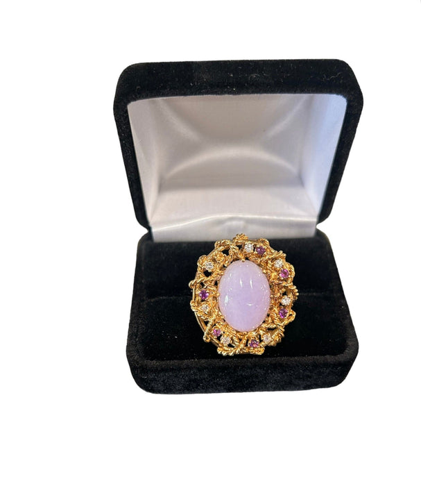 18kg Gold Lavender Jade  Ring with Pink Sapphires and Diamonds Size 7.25 No. 16 - Bratton House Antiques