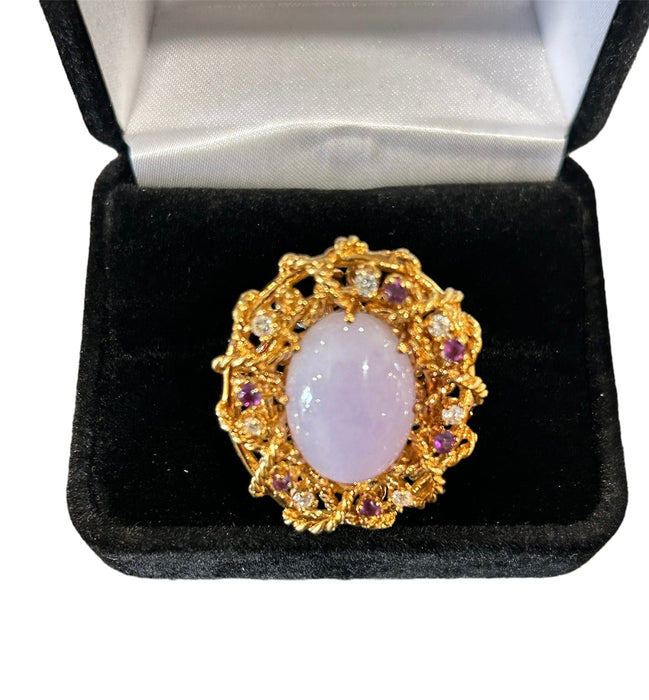 18kg Gold Lavender Jade  Ring with Pink Sapphires and Diamonds Size 7.25 No. 16 - Bratton House Antiques