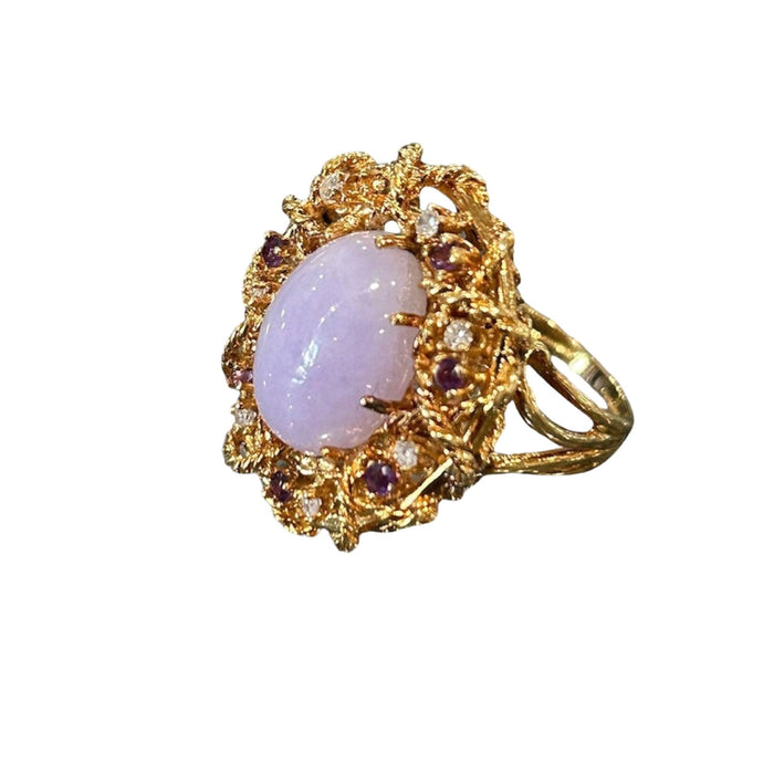 18kg Gold Lavender Jade  Ring with Pink Sapphires and Diamonds Size 7.25 No. 16 - Bratton House Antiques