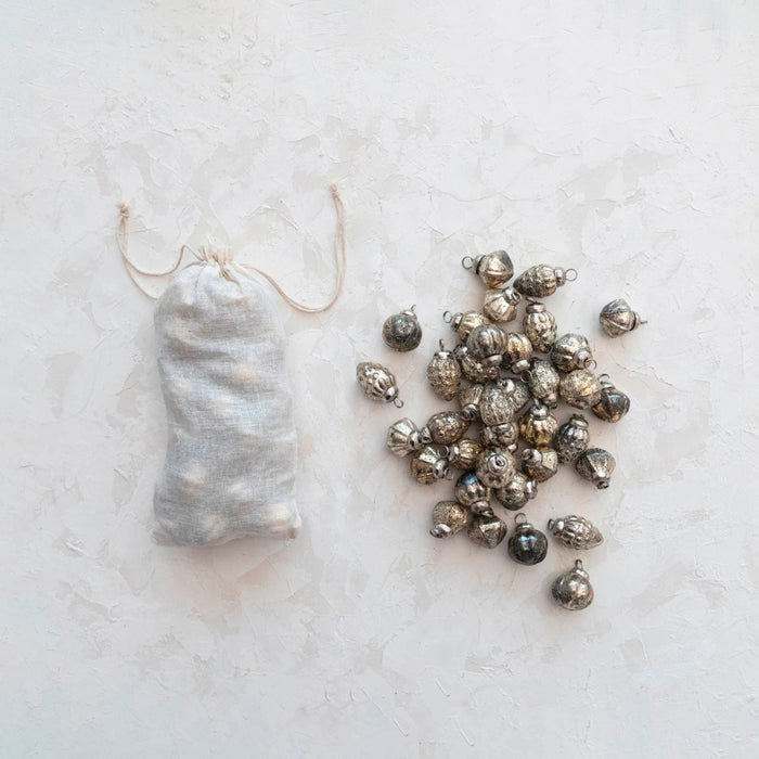 1"Embossed Mercury Glass Ornament in Muslin Bag, Antique Silver - Bratton's Uniques & Antiques