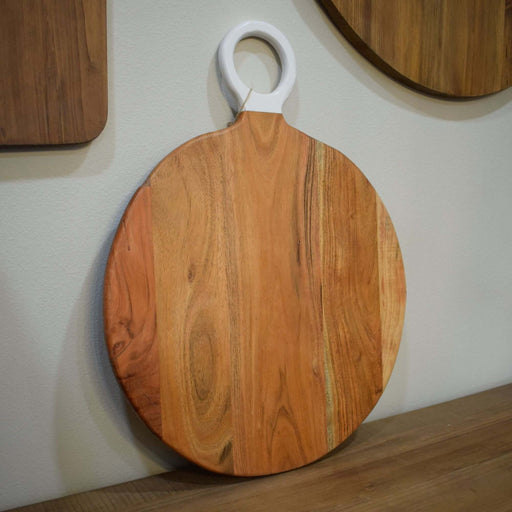 Acacia Wood Round, Cutting Board with White Handle - Bratton's Uniques & Antiques