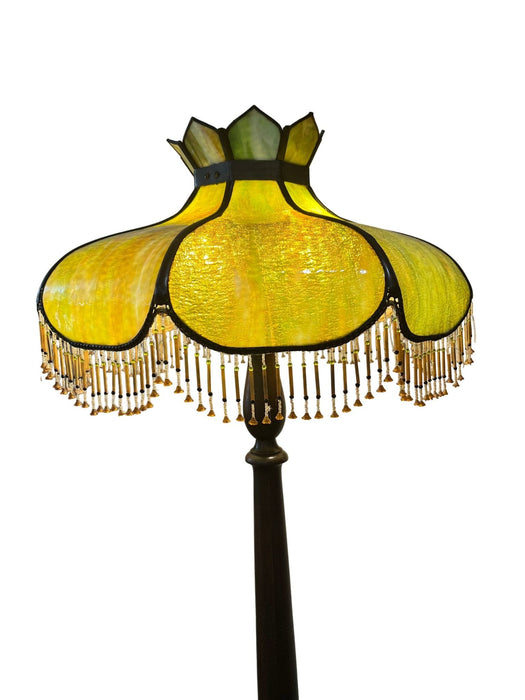 Antique Slag Glass Floor Lamp with Beaded Fringe - Bratton House Antiques