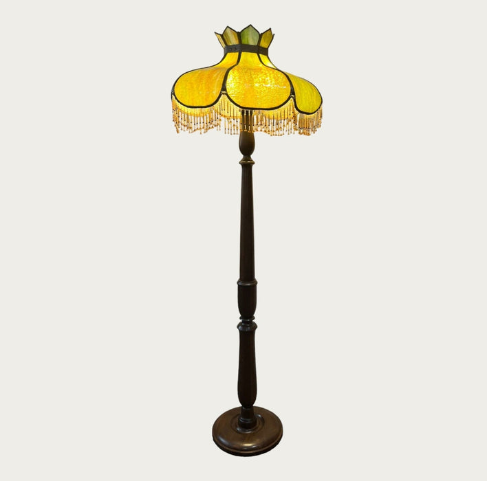 Antique Slag Glass Floor Lamp with Beaded Fringe - Bratton's Uniques & Antiques