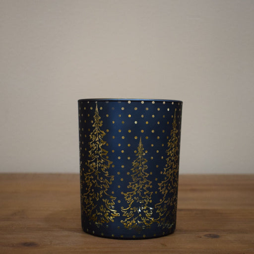 Cobalt Votive with Etched Trees (4" Tall) - Bratton's Uniques & Antiques
