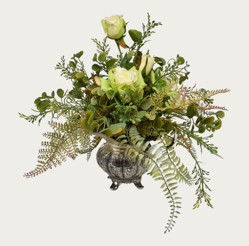 Floral in Silver Plated Creamer with White Roses - Bratton's Uniques & Antiques