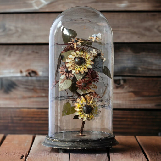 French Wire Flowers Under Glass Dome - Bratton's Uniques & Antiques
