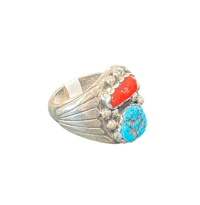 S/S Alvery Smith Kingman Turquoise & Coral Ring Sz 12 No. N19 - Bratton House Antiques