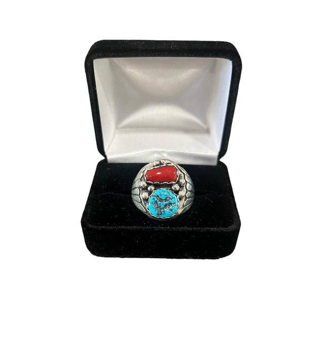 S/S Alvery Smith Kingman Turquoise & Coral Ring Sz 12 No. N19 - Bratton House Antiques