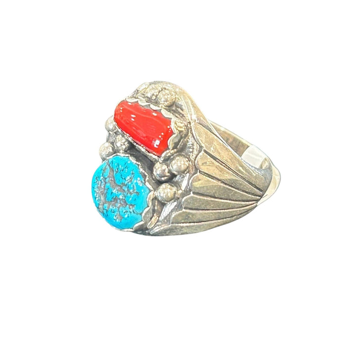 S/S Alvery Smith Kingman Turquoise & Coral Ring Sz 12 No. N19 - Bratton House Antiques