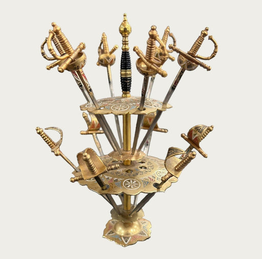 Vintage Toledo Skewers Damascene Miniture Swords on Stand Spanish - Bratton's Uniques & Antiques